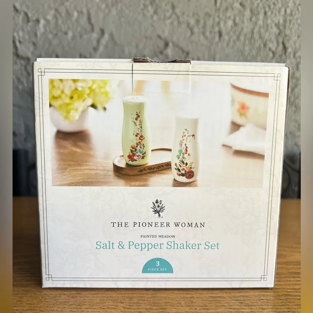 Pioneer Woman Painted Meadow Salt & Pepper Shaker Acacia Wood Base Floral Green - Picture 4 of 6